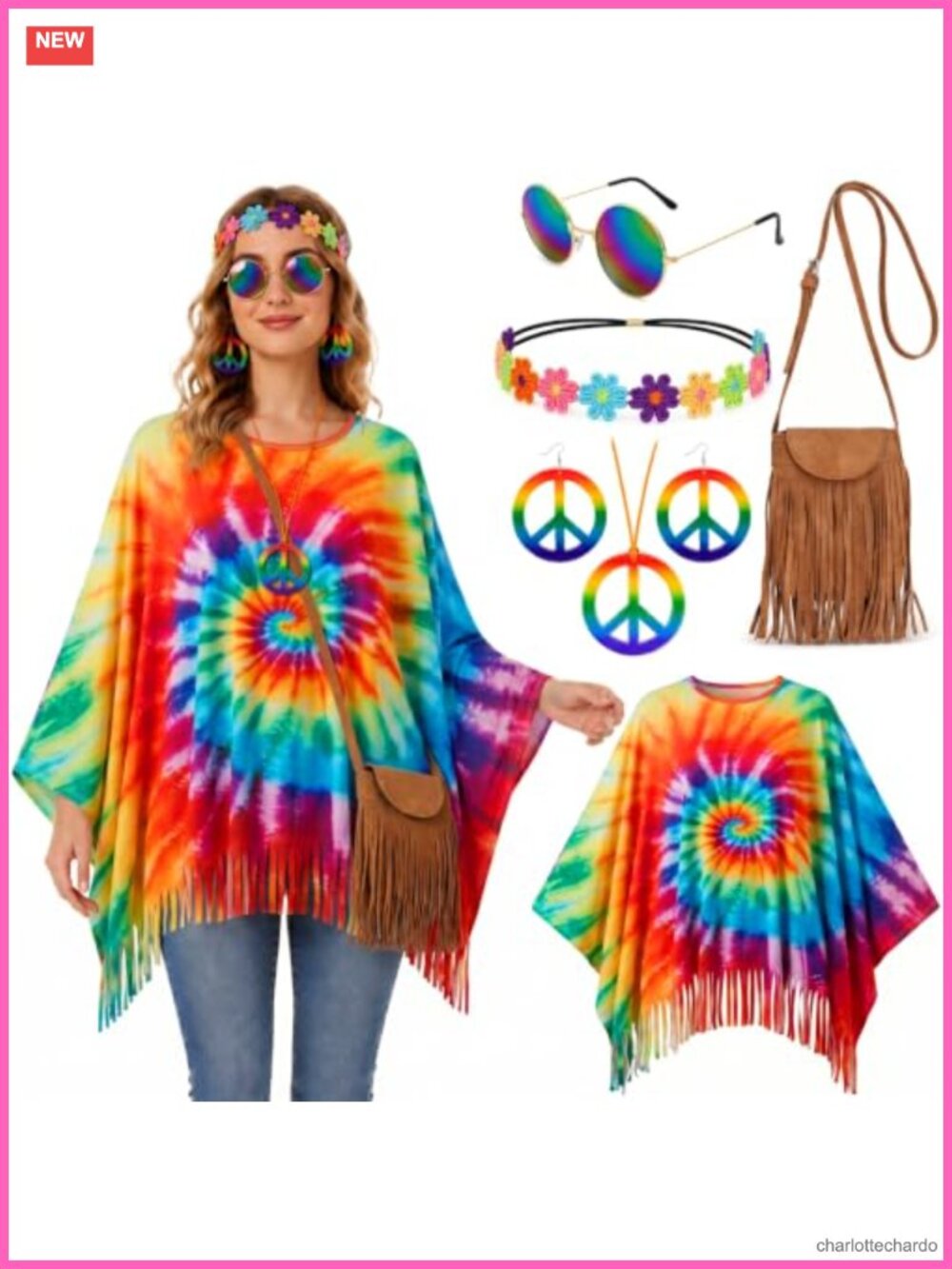 6PC Hippie Costume Set Tie Dye Poncho Fringe Bag 70s Outfit Accessories